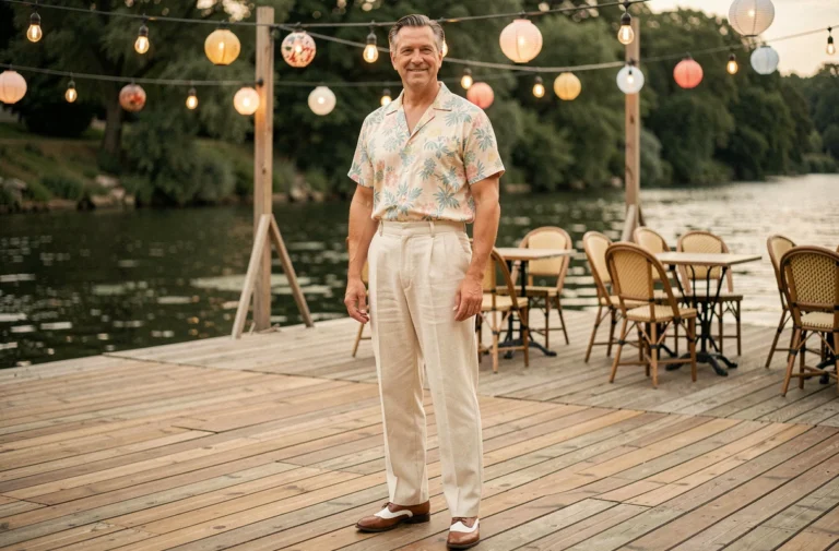 Homme en costume guinguette années 50 avec pantalon taille haute crème et chemise fleurie pastel près d'une piste de danse vintage en bord de rivière