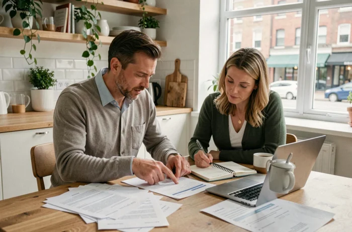 Un couple analyse des documents de crédit immobilier à domicile pour préparer leur dossier de prêt