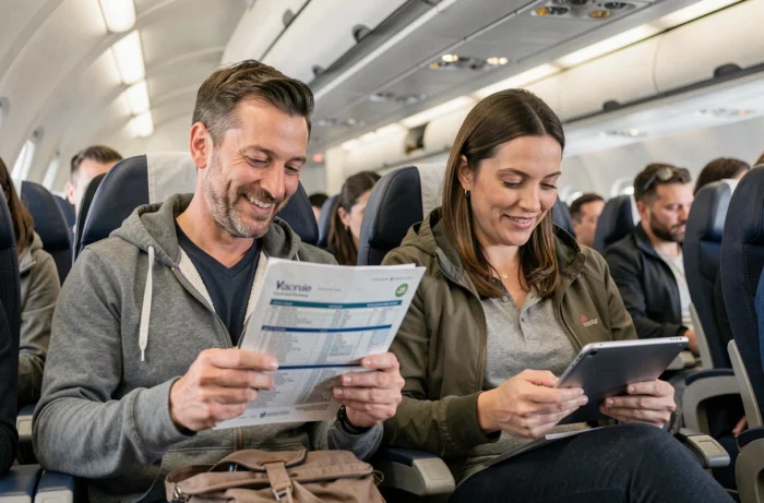 Couple en classe économique consultant leur itinéraire de vol long-courrier avec des billets flexibles à bord d'un avion