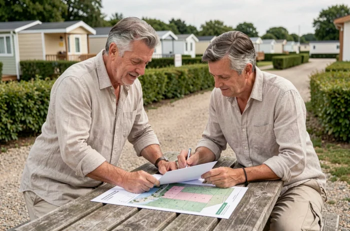 Couple consultant les documents de cession de parcelle dans un parc résidentiel de loisirs en Vendée