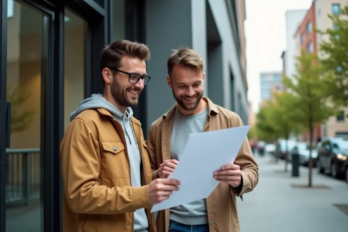 Couple examinant un contrat de location devant l'entrée d'un immeuble résidentiel moderne en ville
