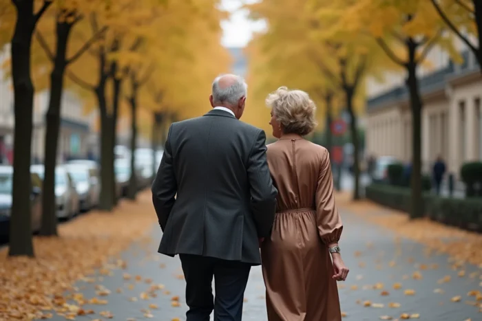 Couple élégant se promenant dans une rue parisienne en automne, illustrant la vie discrète et raffinée d'un couple fortuné du monde du spectacle