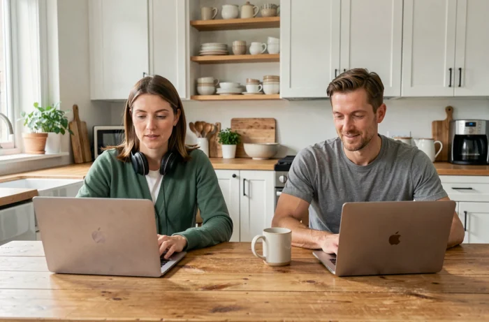 Couple étudiant à distance ensemble depuis la table de leur cuisine avec des ordinateurs portables