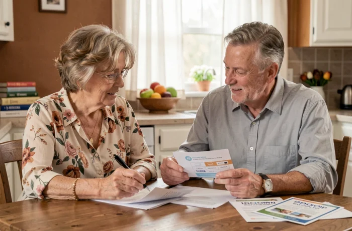 Couple de seniors consultant des documents sur les avantages de la carte senior à domicile