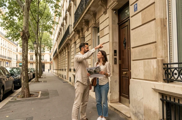 Couple visitant un immeuble résidentiel rénové dans une rue parisienne pour un projet d'investissement immobilier