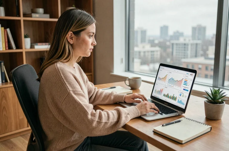 Jeune femme créatrice de contenu analysant ses revenus et statistiques sur un ordinateur portable dans un bureau moderne à domicile