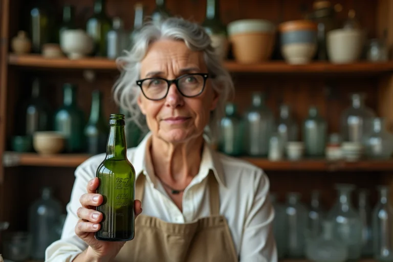 Femme examinant les marquages en relief sur le fond d'une bouteille en verre ancienne dans une boutique d'antiquités