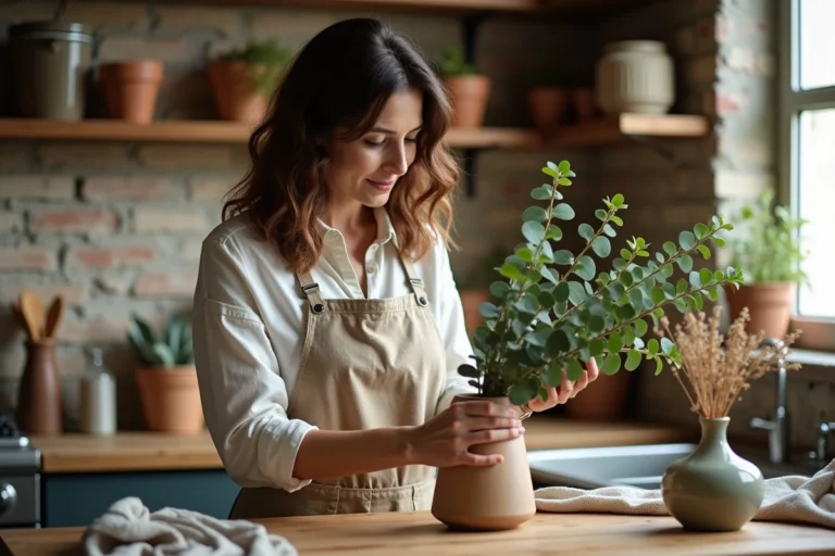 Femme arrangeant des fleurs séchées dans une cuisine rustique avec étagères ouvertes et comptoir en bois naturel