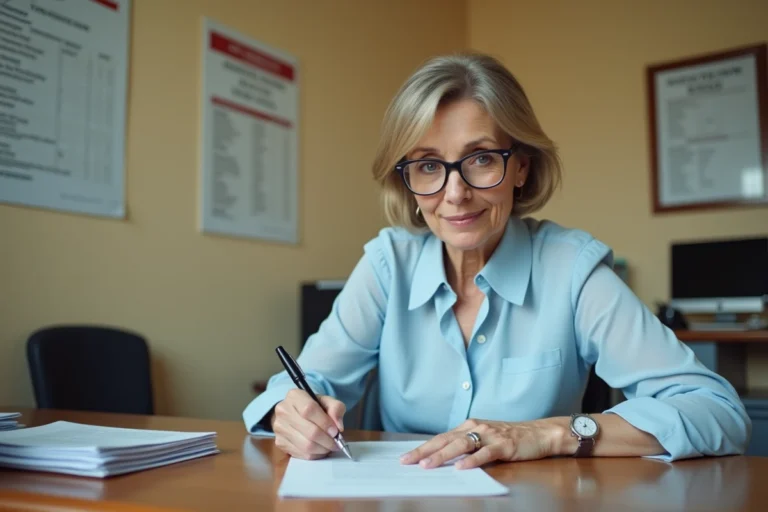 Femme remplissant un formulaire de demande d'aide financière de 400 euros à la mairie