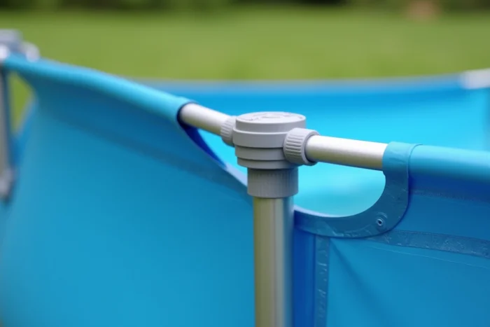 Gros plan sur le raccord et les tubes métalliques de la piscine Intex Metal Frame avec le liner bleu fixé au bord