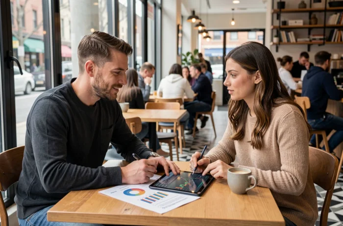 Deux créateurs de contenu adultes discutant et comparant des données de revenus issus de plateformes en ligne autour d'une table de café
