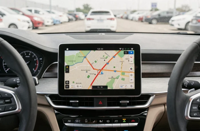 Écran GPS intégré affichant un itinéraire sur le tableau de bord d'un véhicule premium