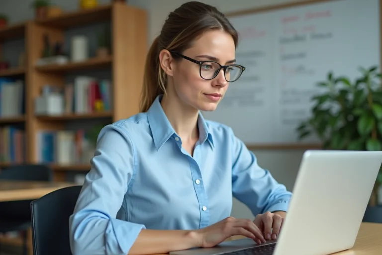 Enseignante de l'académie de Créteil accédant à sa messagerie Zimbra sur un ordinateur portable dans un bureau scolaire