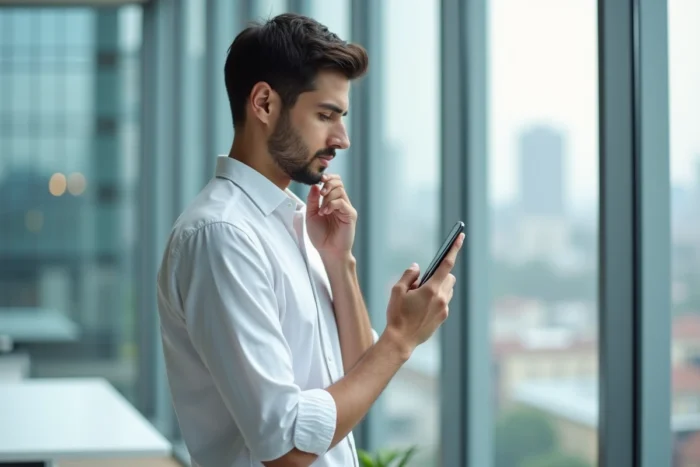 Jeune entrepreneur consultant un annuaire en ligne sur son smartphone dans un bureau moderne avec vue sur la ville