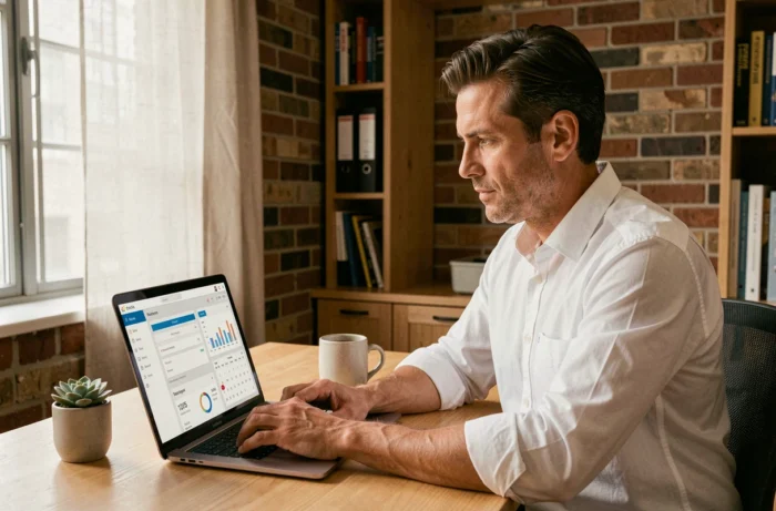 Entrepreneur travaillant sur un logiciel de gestion d'entreprise depuis son bureau à domicile