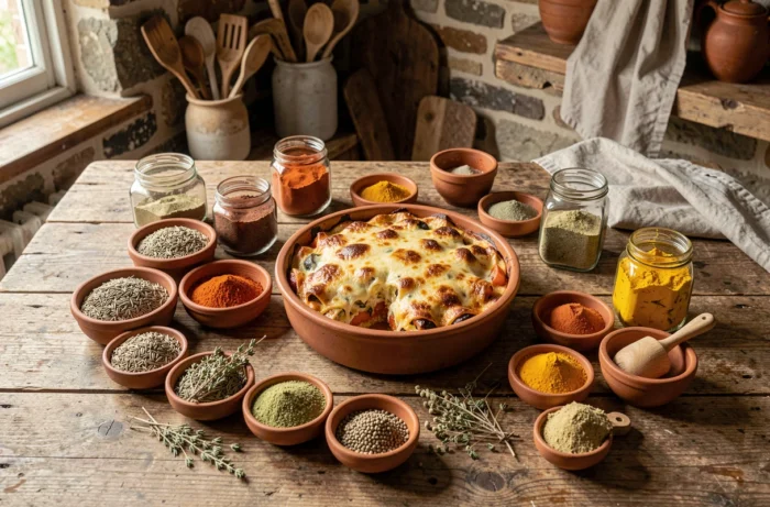 Assortiment d'épices aromatiques en bols céramiques autour d'un gratin de légumes doré dans une cuisine rustique française