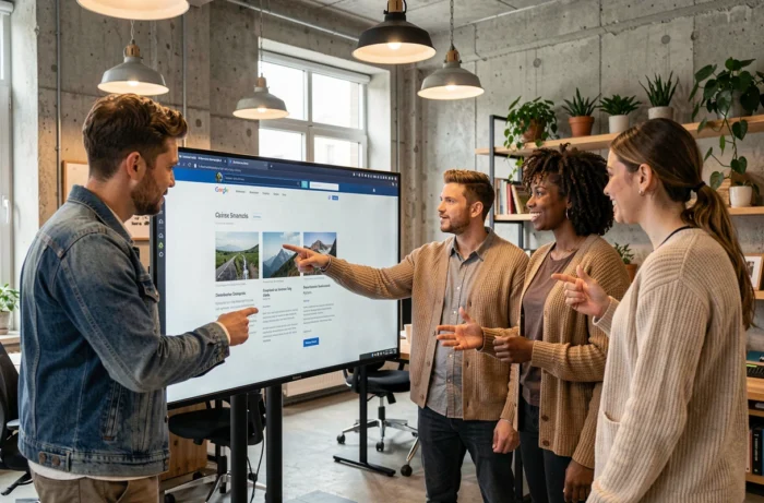 Groupe de professionnels collaborant autour d'un écran affichant un site web dans un espace de travail moderne