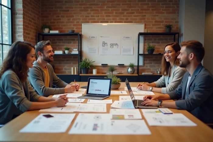 Équipe de professionnels travaillant sur la stratégie de rebranding de Zetmir vers Dirmox autour d'une table de réunion