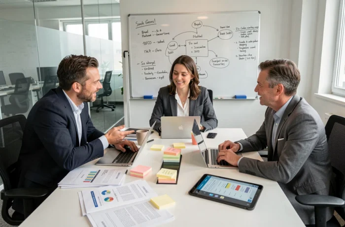 Équipe de professionnels en réunion collaborative autour d'outils de gestion et de planification d'entreprise