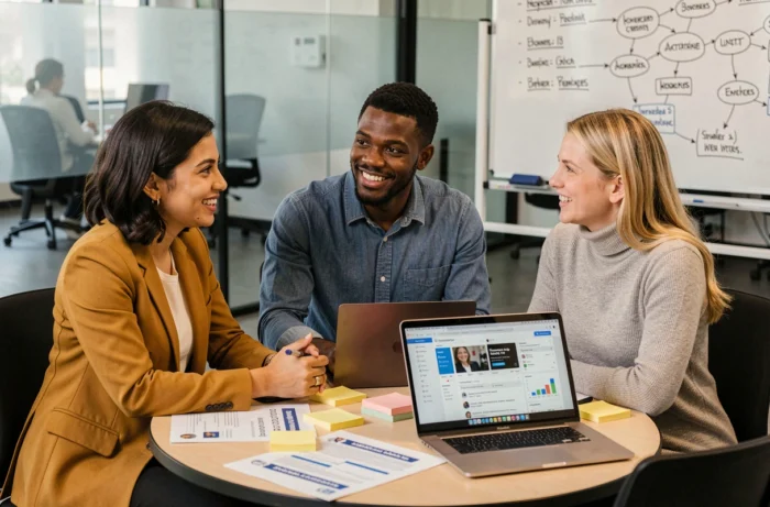 Équipe multiculturelle en réunion de stratégie de marketing digital innovant autour d'une table dans une agence moderne