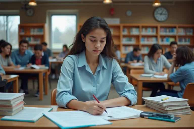Étudiante en prépa qui révise ses coefficients BCE avec des fiches colorées dans une bibliothèque universitaire