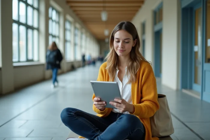 Jeune femme consultant ses emails Zimbra de l'académie de Créteil sur une tablette dans un couloir universitaire