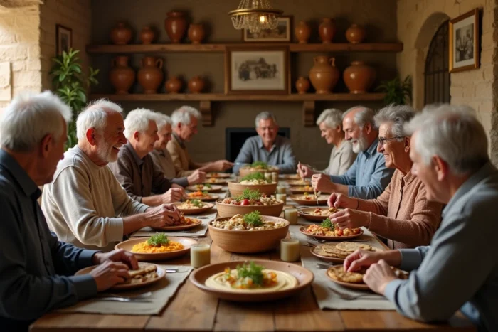 Famille libanaise multigénérationnelle réunie autour d'un repas traditionnel avec mezze fait maison