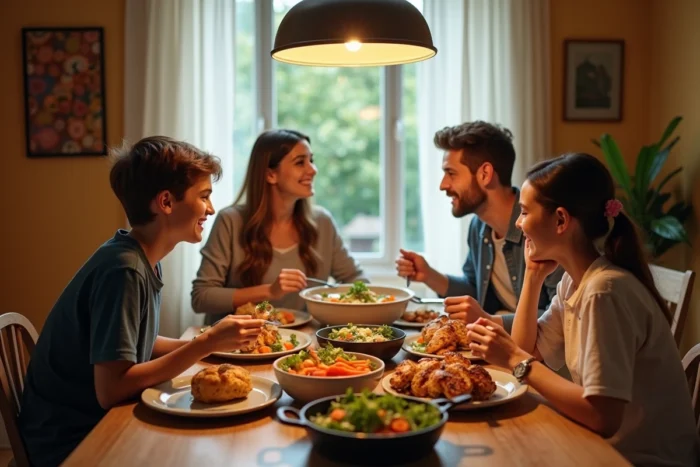 Famille réunie autour d'un repas équilibré fait maison avec légumes et poulet grillé