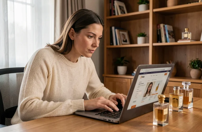 Femme consultant un site de vente de parfums en ligne sur un ordinateur portable depuis son bureau à domicile