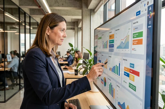 Femme d'affaires analysant des tableaux de bord de gestion d'entreprise sur un écran tactile dans un bureau moderne