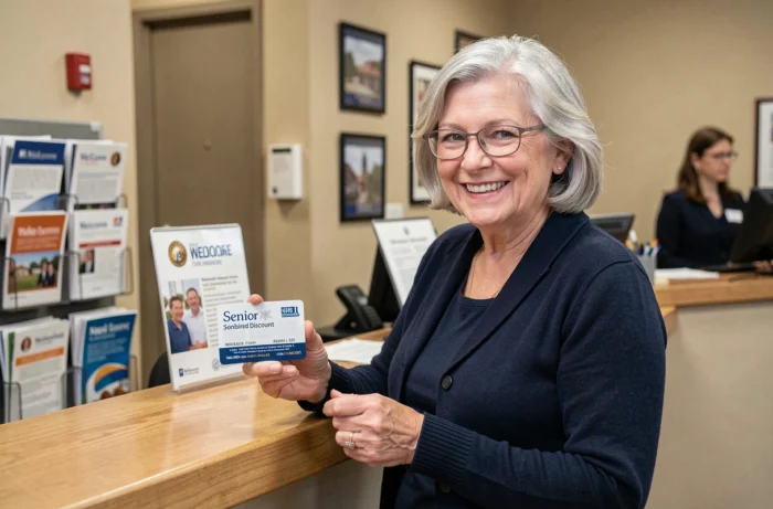 Femme âgée tenant une carte senior gratuite dans un bureau administratif, sourire satisfait