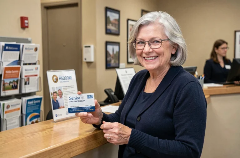 Femme âgée tenant une carte senior gratuite dans un bureau administratif, sourire satisfait