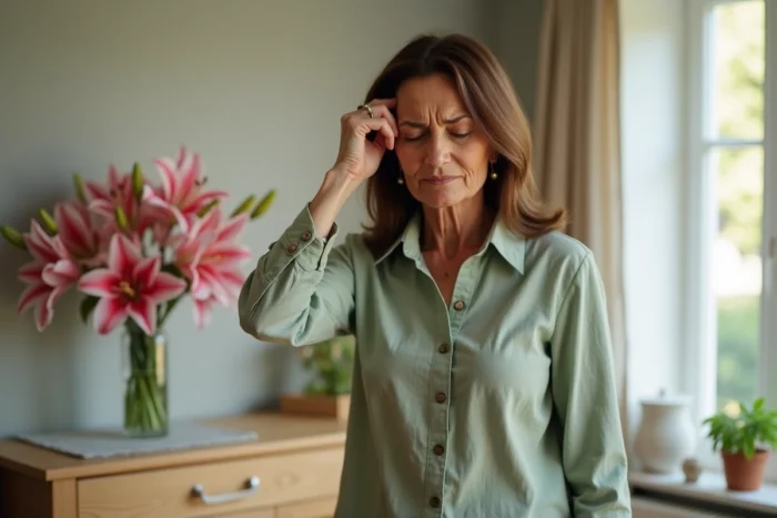 Femme adulte s'éloignant d'un bouquet de lys roses dans un salon, illustrant les effets du parfum enivrant du lys sur la santé