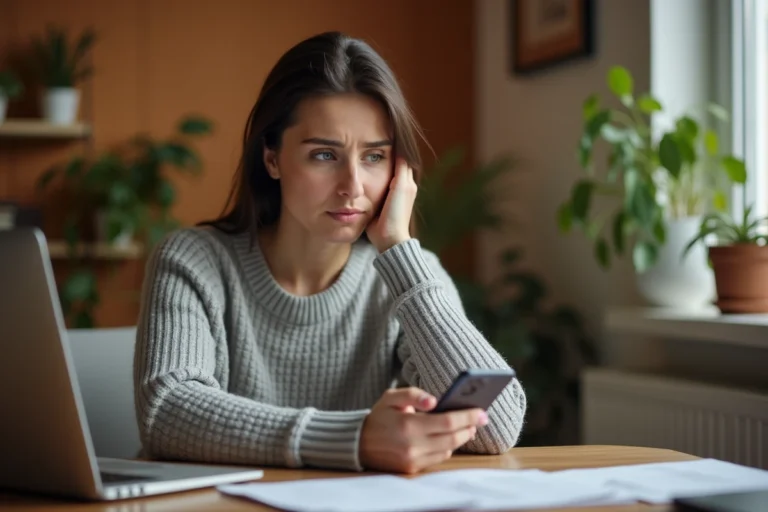 Femme regardant un appel manqué sur son smartphone dans un bureau à domicile