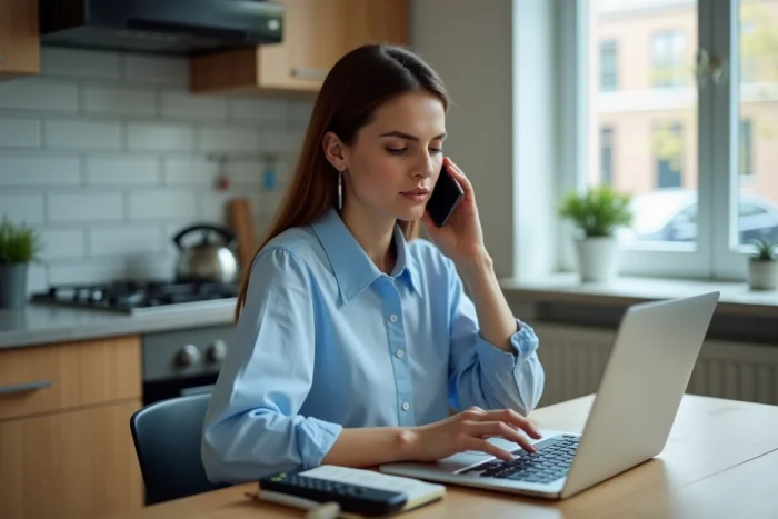 Femme au téléphone consultant un service client sur ordinateur portable pour résoudre un problème de télévision
