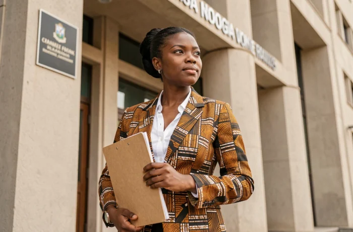 Femme professionnelle camerounaise devant un bâtiment administratif tenant un dossier de candidature pour un poste de cadre contractuel