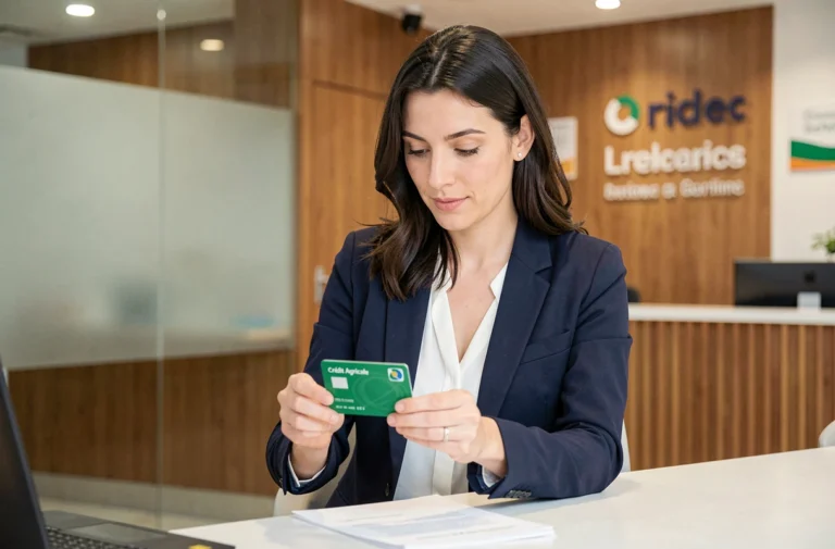 Femme tenant une carte bancaire Crédit Agricole dans une agence bancaire moderne en France
