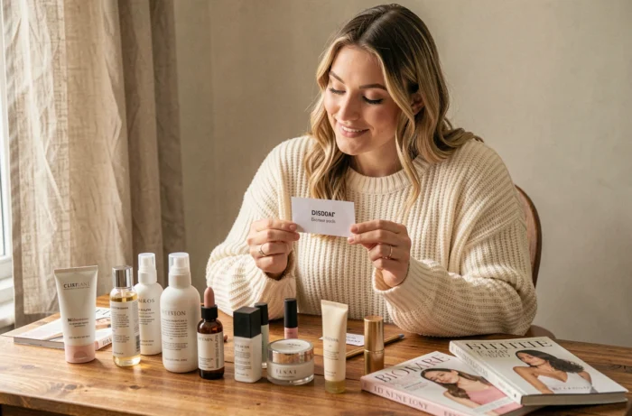 Femme comparant des produits de beauté en promotion sur une coiffeuse en bois dans une chambre chaleureuse
