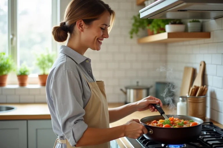 Femme préparant une soupe de légumes maison dans une cuisine moderne et chaleureuse