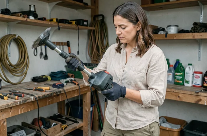 Femme inspectant la tête de coupe d'une débroussailleuse électrique sans fil dans un atelier de jardin