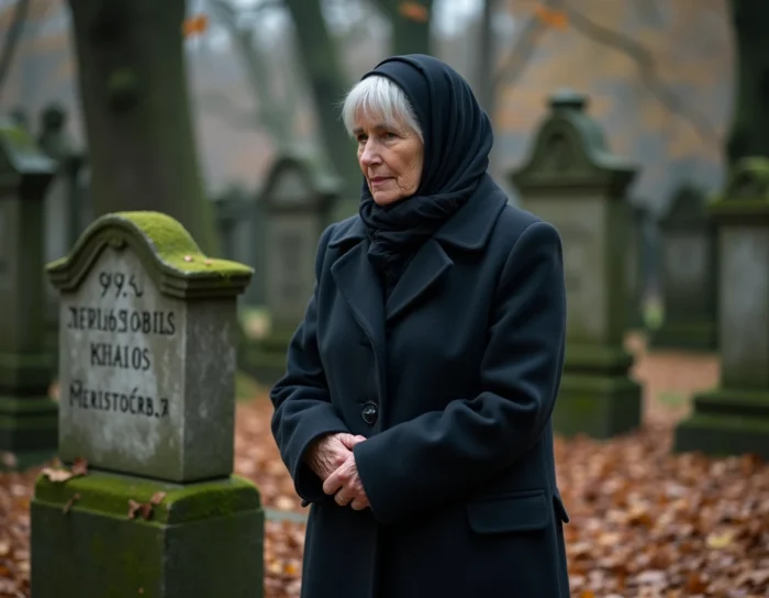 Femme âgée en deuil se recueillant devant une tombe dans un vieux cimetière européen sous les feuilles d'automne