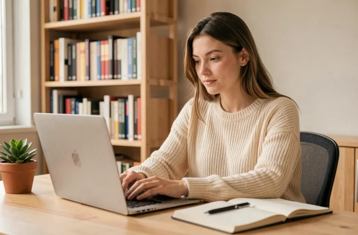 Jeune femme étudiant en ligne depuis son bureau à domicile avec un ordinateur portable et un cahier