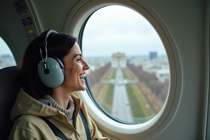 Femme souriante regardant Paris depuis le hublot d'un avion de tourisme lors d'un vol découverte