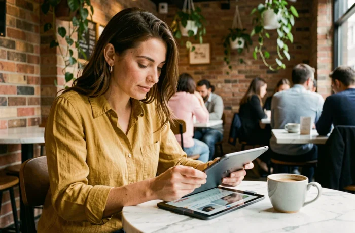 Femme lisant un blog sur sa tablette dans un café moderne avec tasse de café et ambiance urbaine