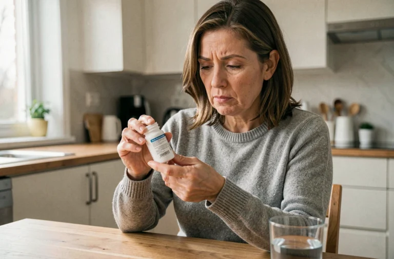 Femme lisant attentivement la notice d'un médicament Dirvox dans une cuisine moderne