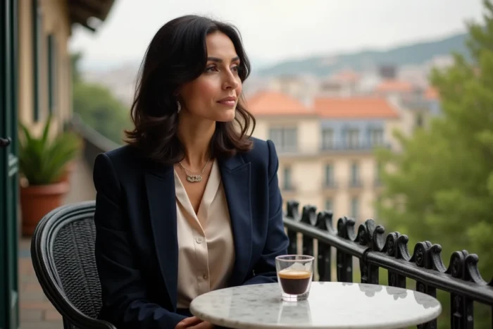 Femme d'origine libanaise en blazer marine sur un balcon parisien avec un café arabe