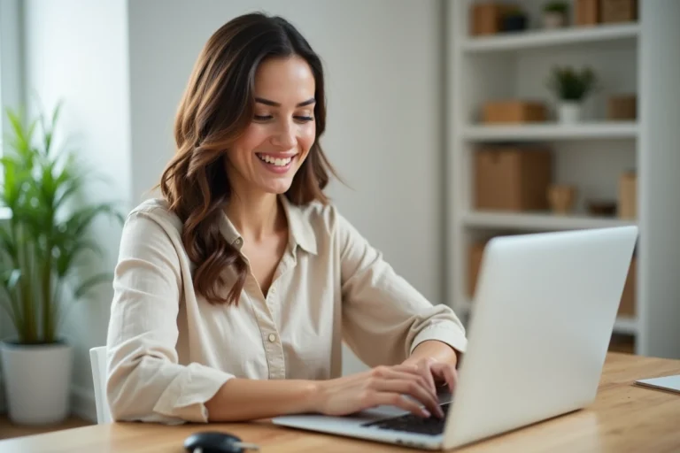 Femme souriante utilisant une plateforme de location de logement sur un ordinateur portable dans un bureau moderne