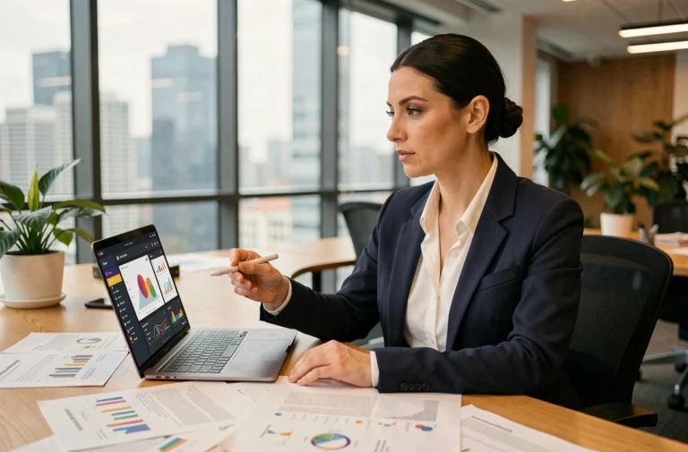 Femme professionnelle analysant des tableaux de bord de marketing digital dans un bureau moderne avec vue sur la ville