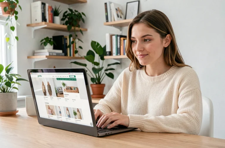 Jeune femme explorant le site missmarion.fr sur un ordinateur portable dans un bureau scandinave moderne