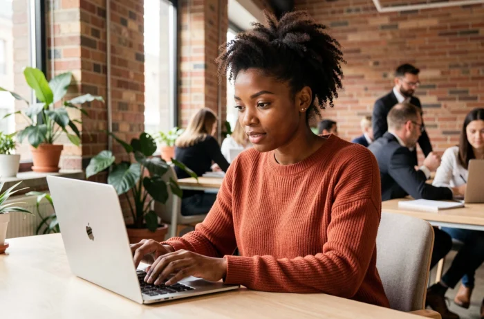 Jeune femme noire française utilisant une plateforme numérique innovante sur son ordinateur dans un espace de co-working moderne